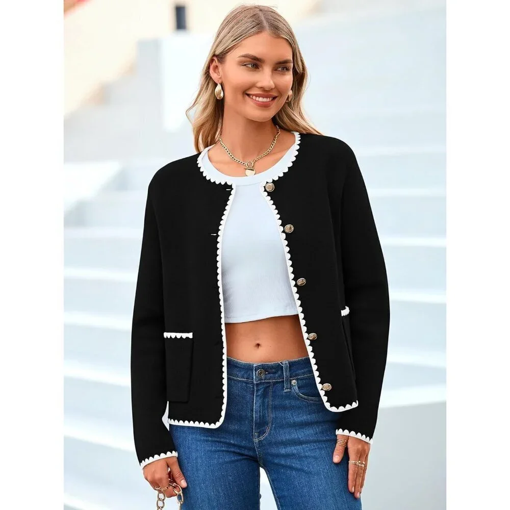 Open Front Cropped Cardigan Sweater Womens Fall Casual Long Sleeve Button